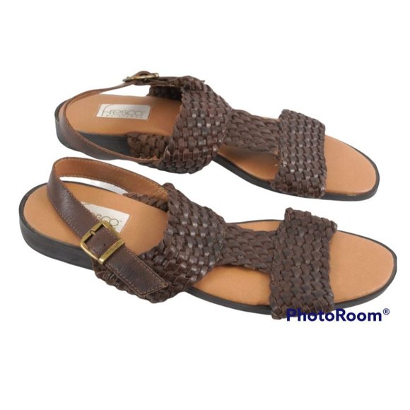 Woven Leather Sandals, T-Strap Slingbacks, Womens Size 11 Shoes, Brown Huarache - Picture 3 of 7
